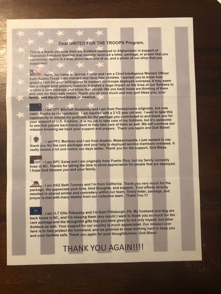 Letter from Afganistan United for the Troops